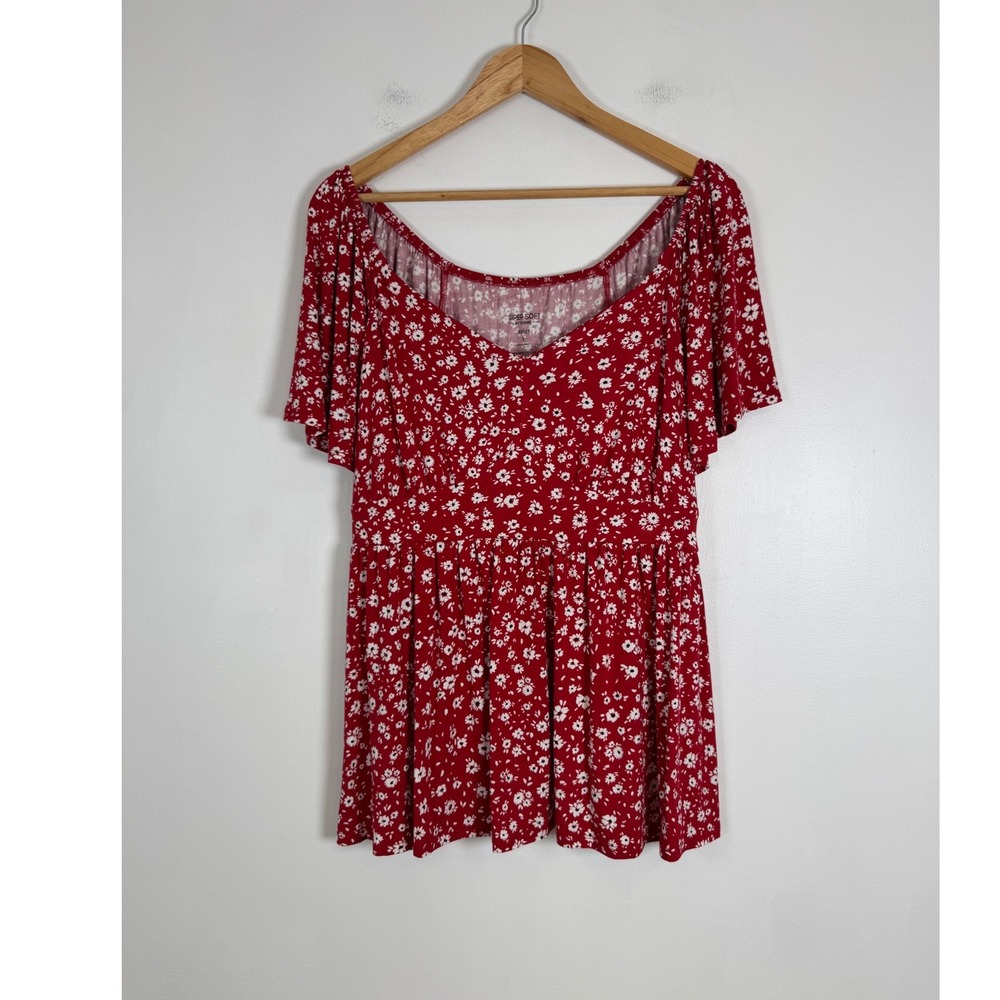 Cottagecore Torrid Womens 1X Babydoll Top Red Floral Flutter Sleeve Super Soft